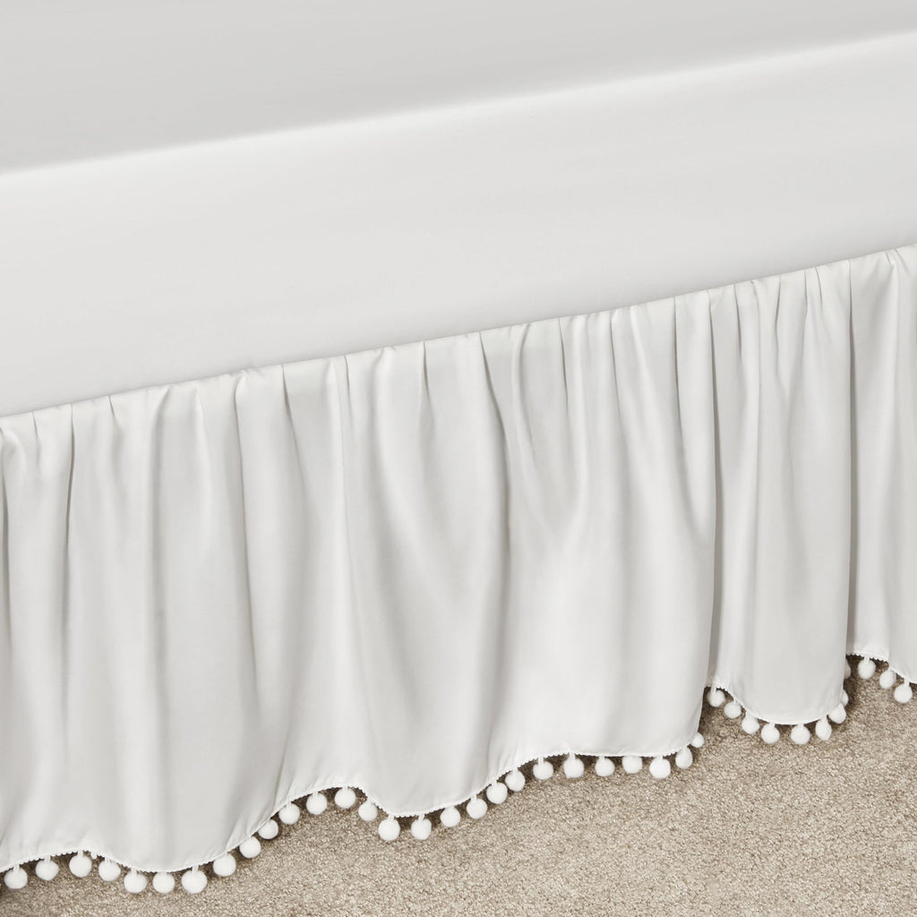 Baby Crib Skirt Girls Boys, Ruffled Bed Skirt with Pompoms, 28"x 52", 14'' Drop, White
