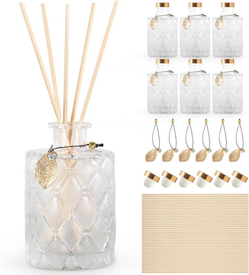 Glass Reed Diffusers Bottles, Diffuser Bottles with Reed Diffuser Sticks, Vintage Embossed Apothecary Style - Set of 6