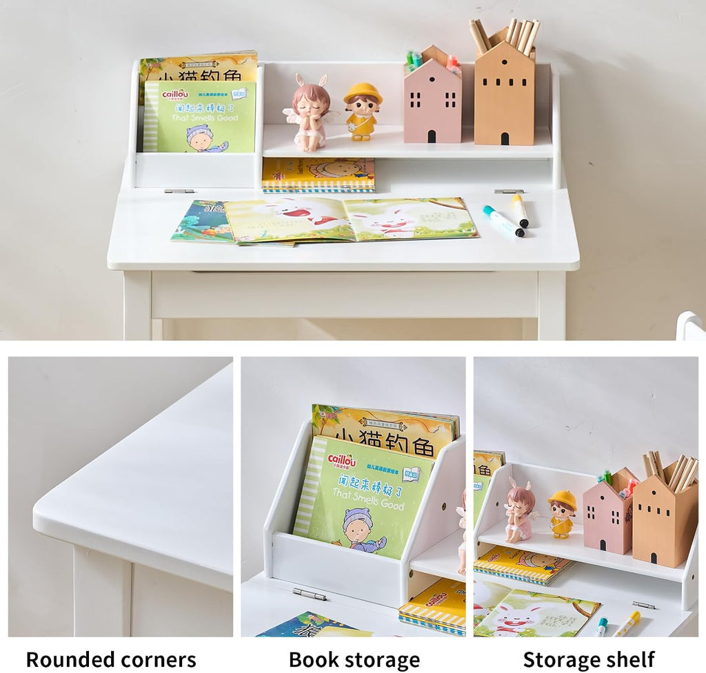 Bamboo Toddler Desk and Chair Set with Lift-Top Storage, Kids Study Table with Hutch and Bookshelf, Writing Reading