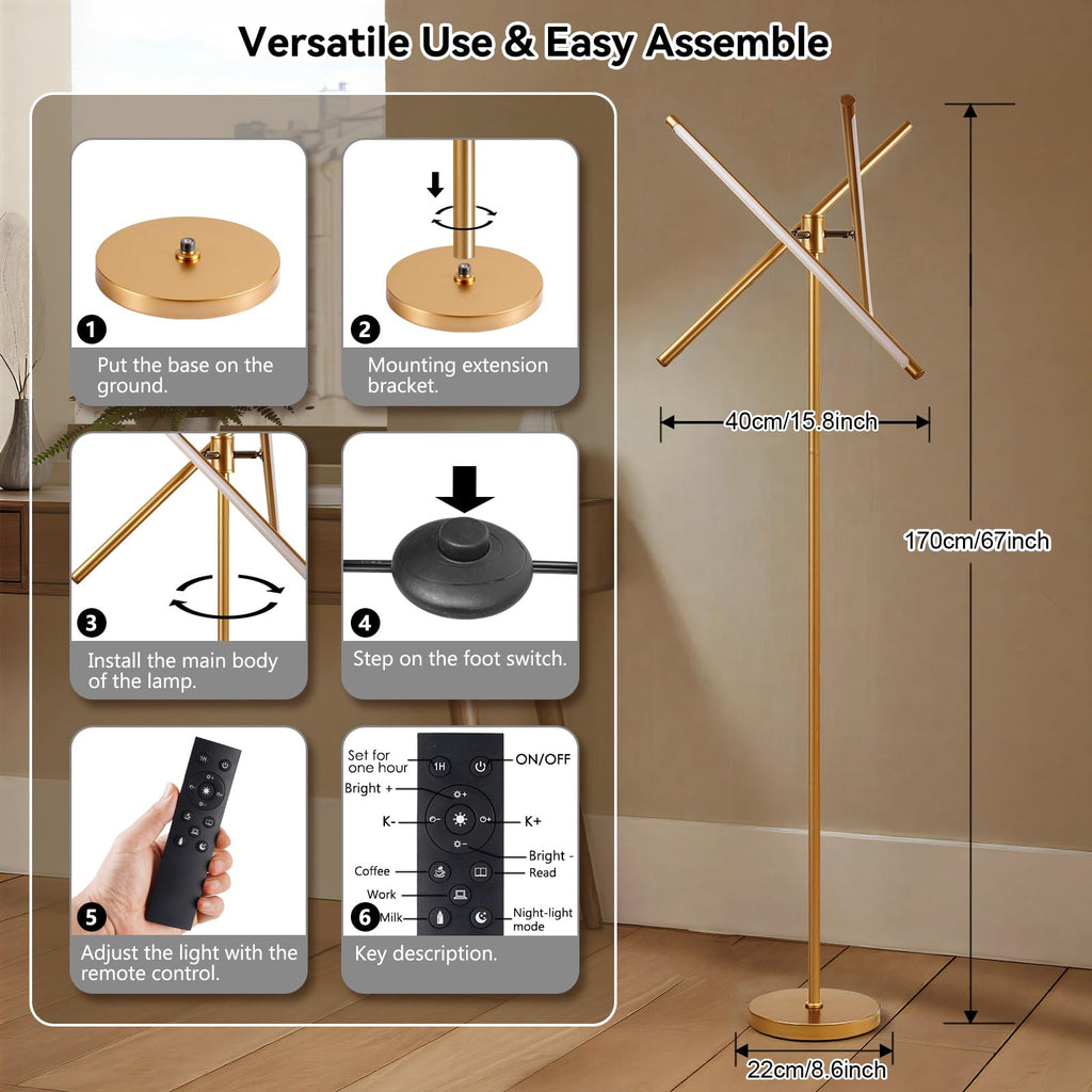 Modern Gold Floor Lamp, Dimmable LED Standing Lamp with Remote