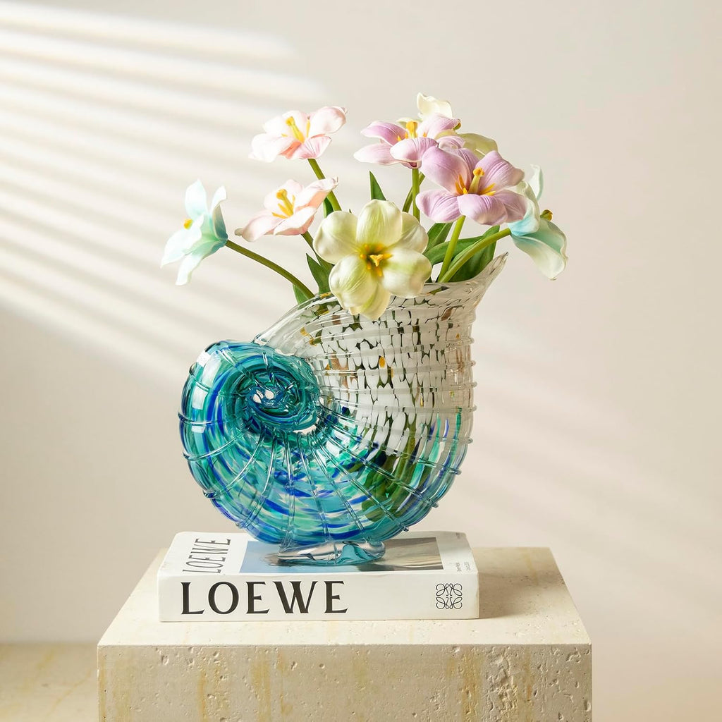 Hand Blown Glass Conch Shell Vase & Statue - Dual-Purpose Ocean Flower Vase
