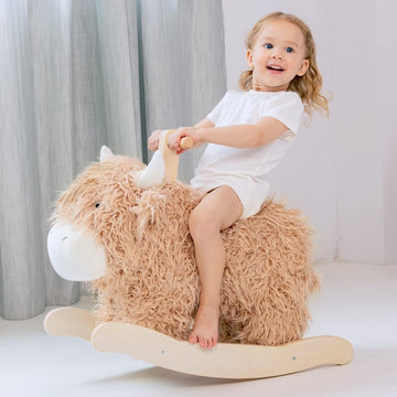 Baby Rocking Horse for 1 Year Old,Wooden Cow Animal Rocker Ride-on Toy Plush Wooden Rocking Toy Playroom Indoor