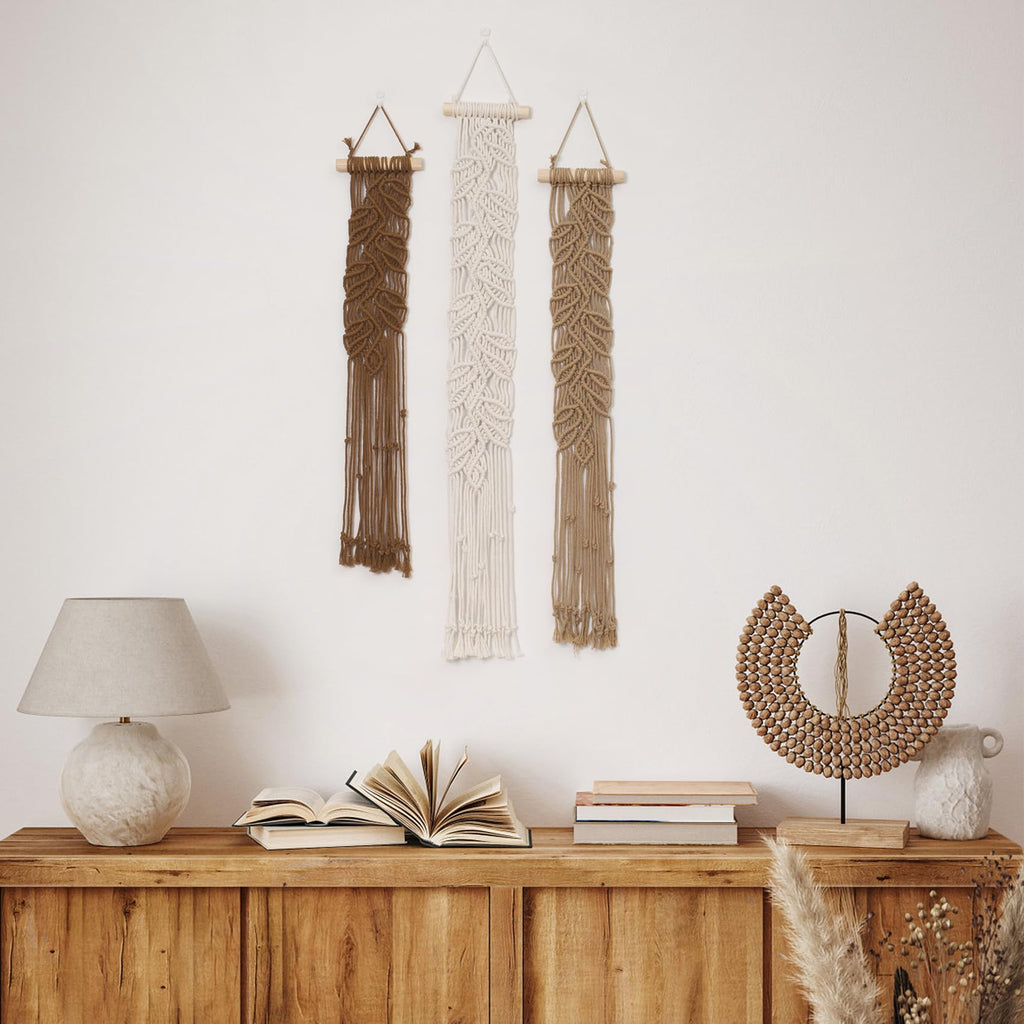 3 Pcs Small Macrame Wall Hanging Boho Decor Woven Tapestry, Brown Macrame Wall Art Nursery Apartment Office Home