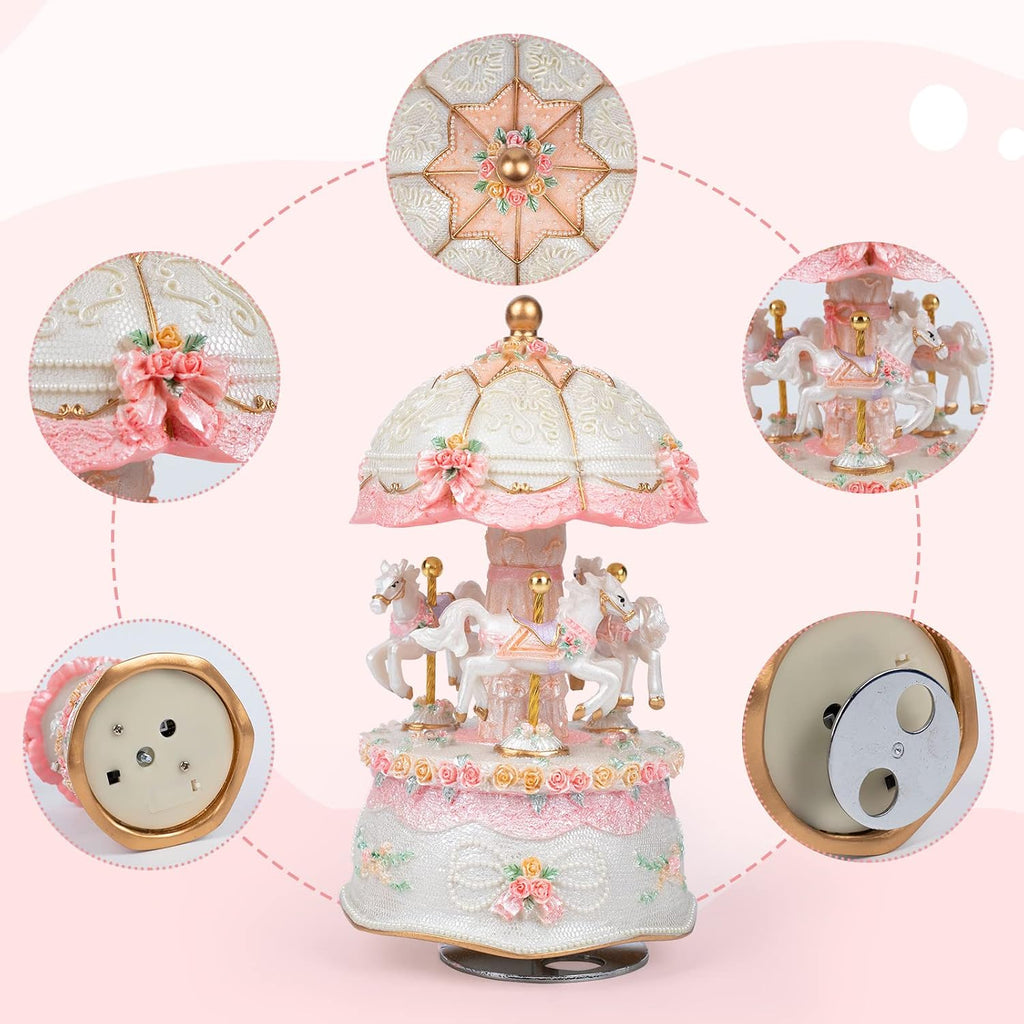 Pink Carousel Music Box for Girls: 3 Rotating Horses Colorful Led Lights