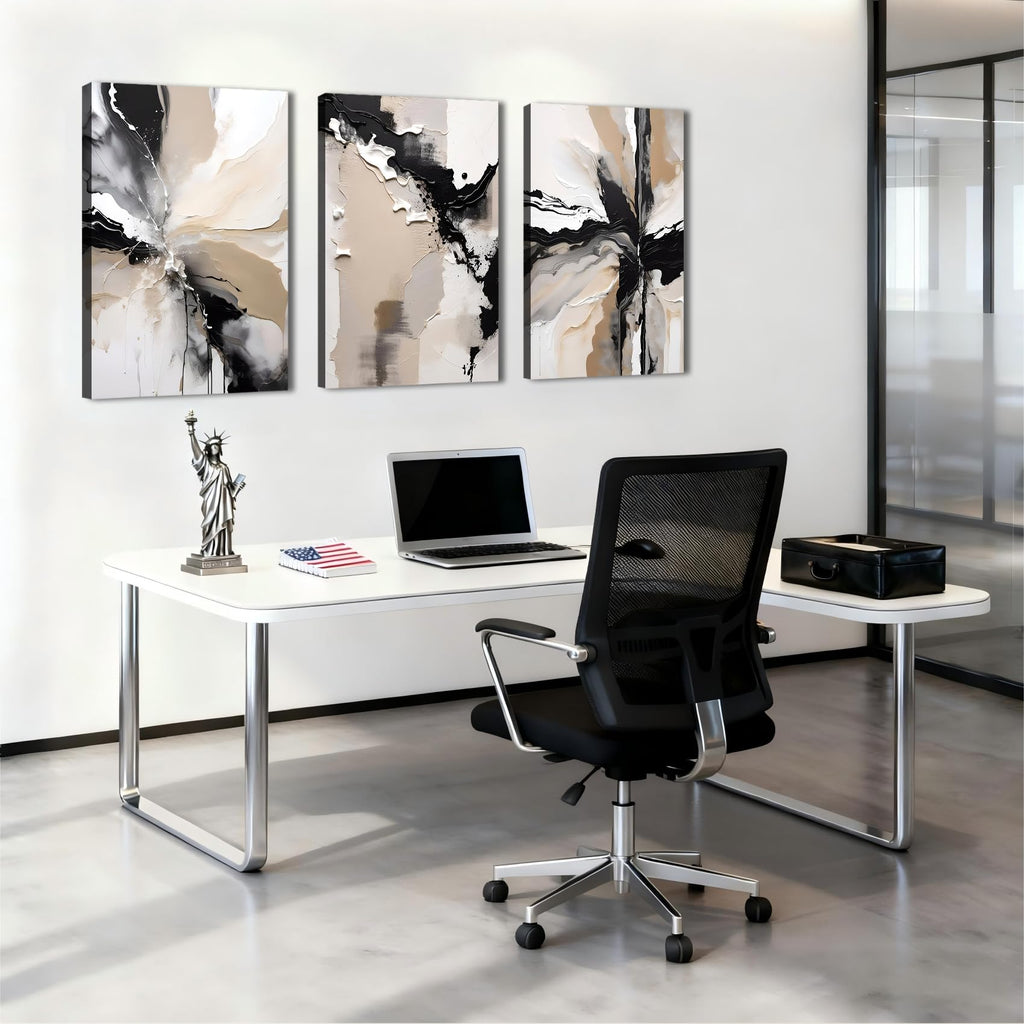Large Canvas Wall Art Office, 3 Piece Black Beige Abstract Canvas Prints Pictures, Neutral Modern Paintings, Extra