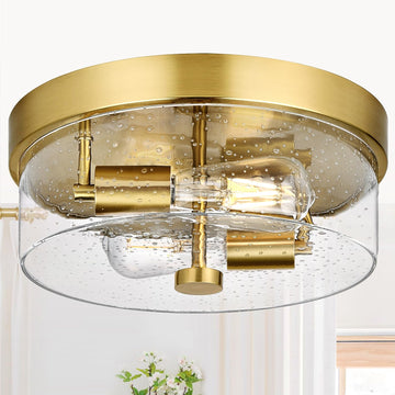 Flush Mount Ceiling Light Fixtures, 2-Light Gold Ceiling Mount for Farmhouse with Seeded Glass Lampshade, Industrial