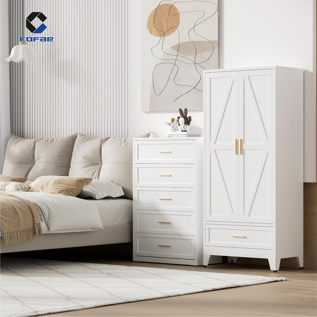 Metal Armoire Wardrobe Closet with Drawer, 71'' Tall Farmhouse Bedroom Armoires with Doors and Hanging Rod