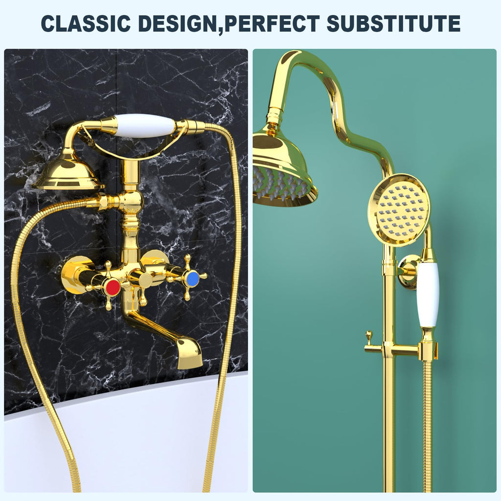 Vintage Hand-held Shower Rain Sprayer Telephone Shaped Ceramic Shower Head with 59 Inch Hose (Gold Finish)