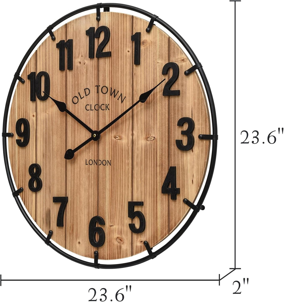 24 Inch Farmhouse Wall Clock Large Old Town Vintage Rustic Wooden Clock with Metal Rim and Large Numerals