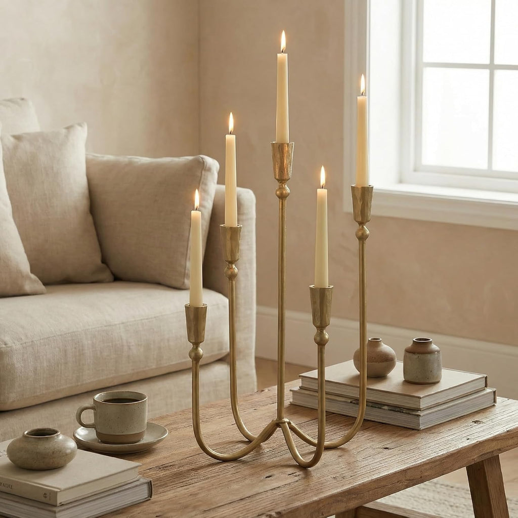 Large Iron Candelabra Centerpieces for Tables, 17.7'' Tall Taper Candle Holders, Vintage Brass Gold Candlestick