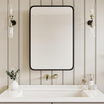 Medicine Cabinet with Black Metal Frame Mirror, Overall 17.5"x29" | Bathroom Wood Wall Cabinet with Mirror, 16.1"x24"