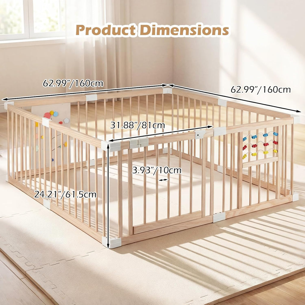 Wooden Baby Playpen with Adjustable Size & Shape, 8 Panels, Child Proof Lock, Easy to Assemble, 63" x 63" Portable