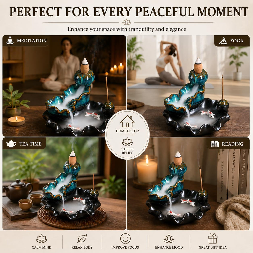 Ceramic Waterfall Backflow Incense Burner Holder, Home Aromatherapy Decoration Ornament with 30 Backflow Incense - Set of 54