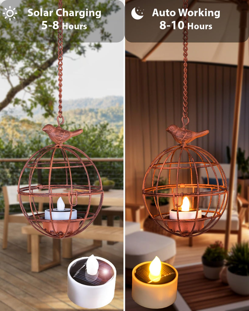 Outdoor Solar Hanging Lantern Lights, 4 Pack Rustic Ball Birdcage Hanging Candle Holder with Solar Tea Lights