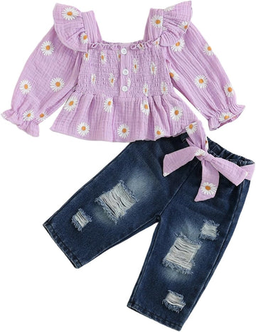 Toddler Baby Girl Clothes Linen Smocked Daisy Flutter Top Jeans Denim Pants Set Little Girls Fall Winter Ruffle Outfit