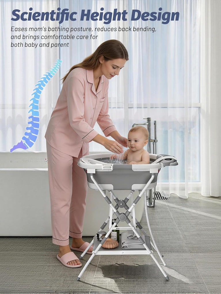 Bathtub with Stand, Foldable Metal Standing Baby Bath Tub, in-1 Anti-Slip Collapsible Tub with Cushion Storage Pad