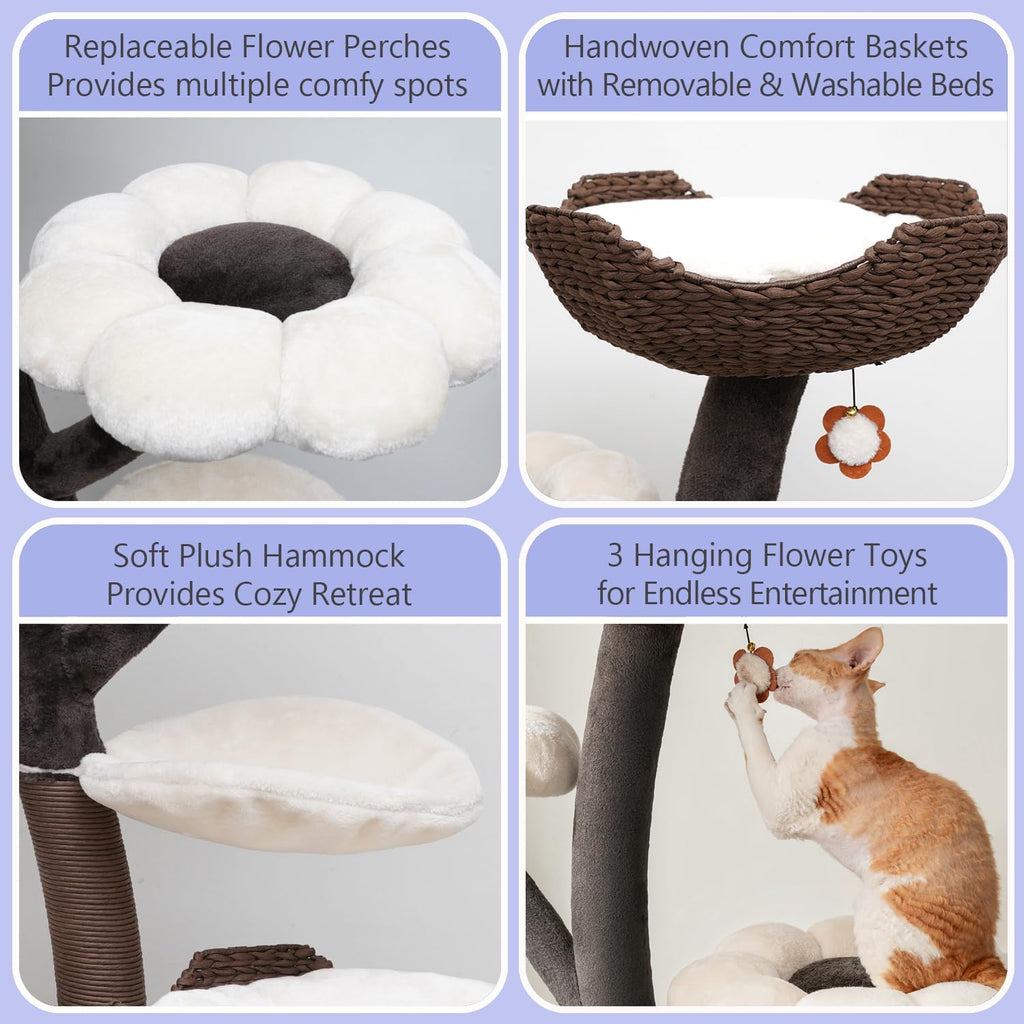 Floral Large Cat Tree with Handcrafted Basket Beds & Flower Perches
