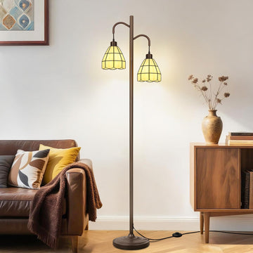 Stained Glass Floor Lamp with Dual Shades, Vintage Style Standing Lamp