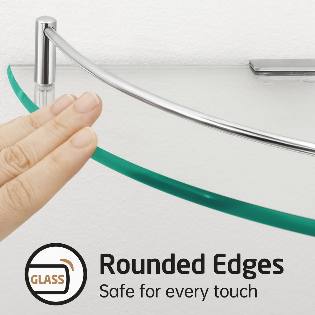 Glass Corner Shelf Bathroom Shelf Tempered Glass with Rail 18/8 Stainless Steel Floating Wall Mount Bracket Polished