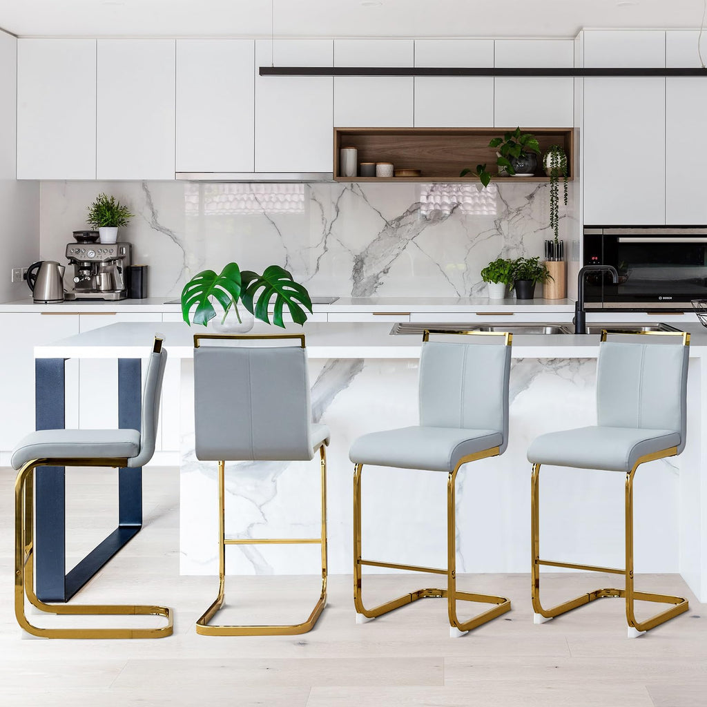 25" Modern Counter Height Bar Stool Set of 6, Leather Upholstered with Back and Gold Metal Frame, Kitchen Island
