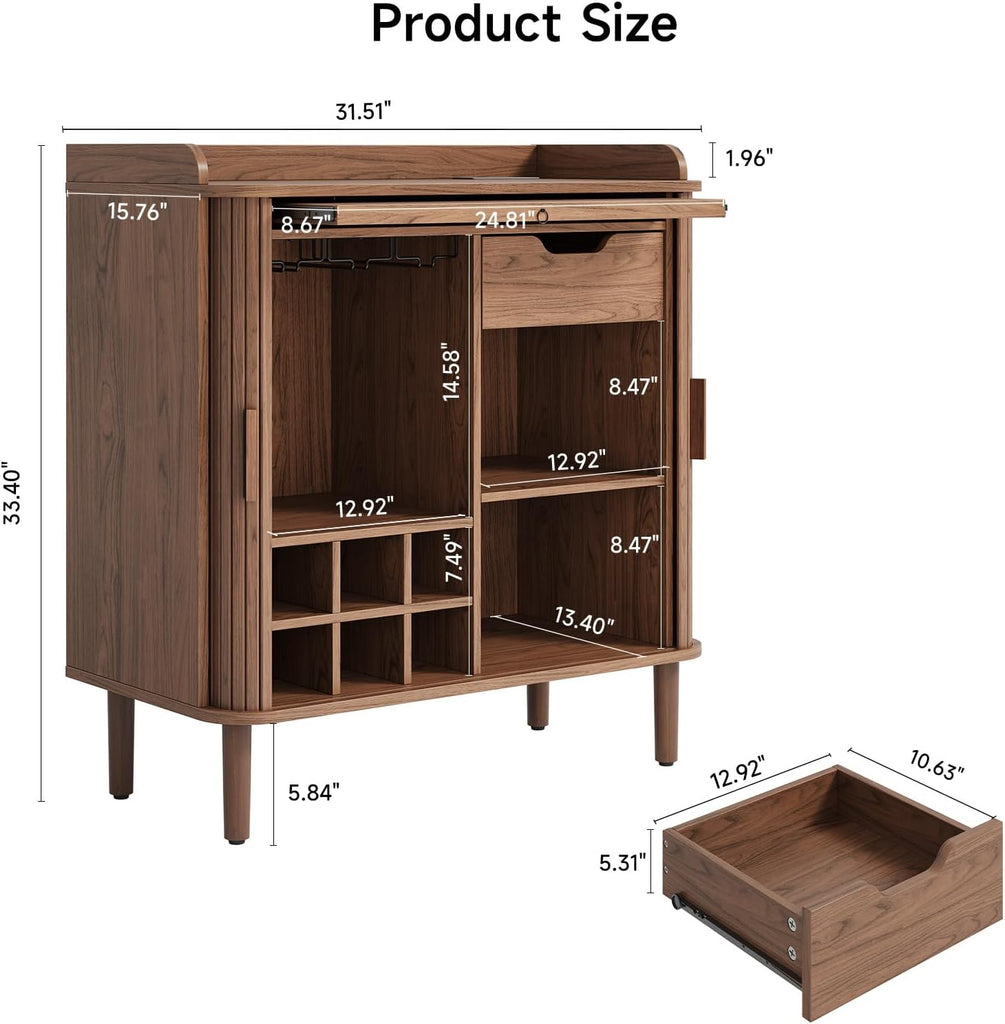 Fluted Bar Cabinet with Storgae, Wine Cabinet, 33" H, Walnut | Coffee Bar Cabinet, Liquor Cabinet, with Charging