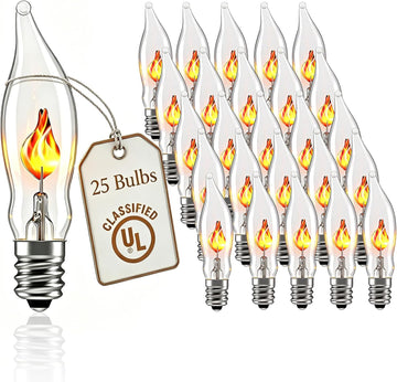 25 Pack Flickering Flame Light Bulbs, C7 Clear Light E12 Candelabra Base
