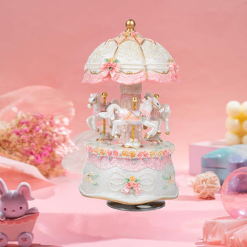 Pink Carousel Music Box for Girls: 3 Rotating Horses Colorful Led Lights