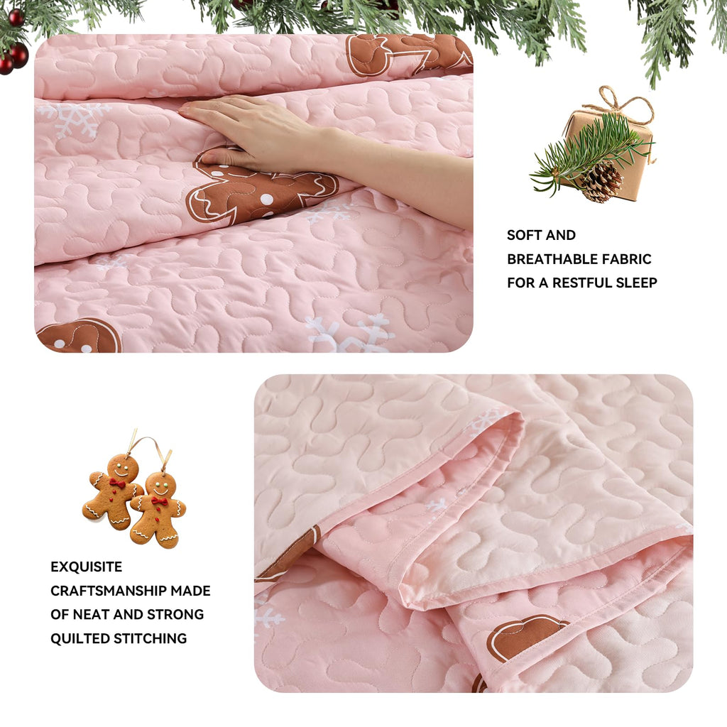 Christmas Quilt Set Queen Size, Pink Gingerbread Christmas Bedding