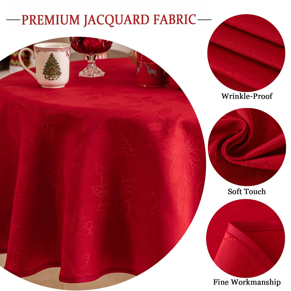 Red Christmas Tablecloth, Jacquard Fabric Winter Poinsettia Round Table Cloth, Countryside Waterproof Kitchen Dining
