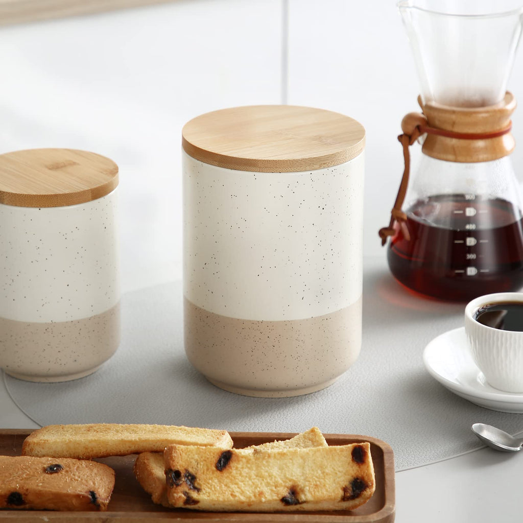 Sabine Ceramic Canister with Airtight Wood Lid - 36 oz Kitchen Storage Container for Coffee, Tea, Sugar, Nuts &