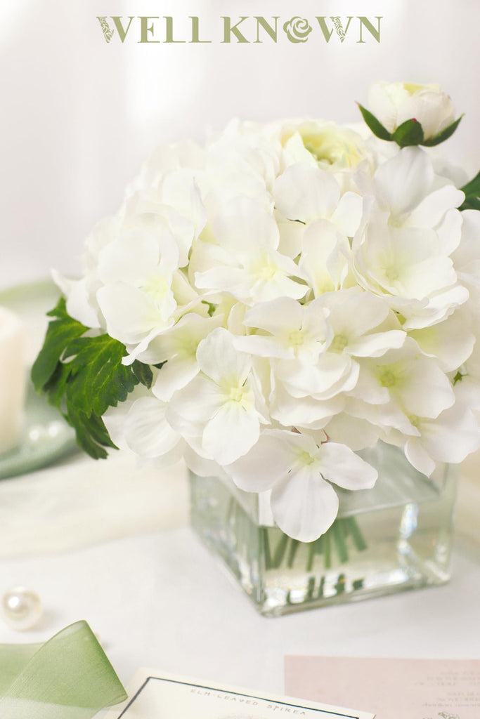 Artificial Flowers in Vase, White Hydrangea Ranunculus