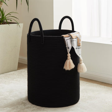 Cotton Laundry Hamper, 58L Tall Storage Basket-Black
