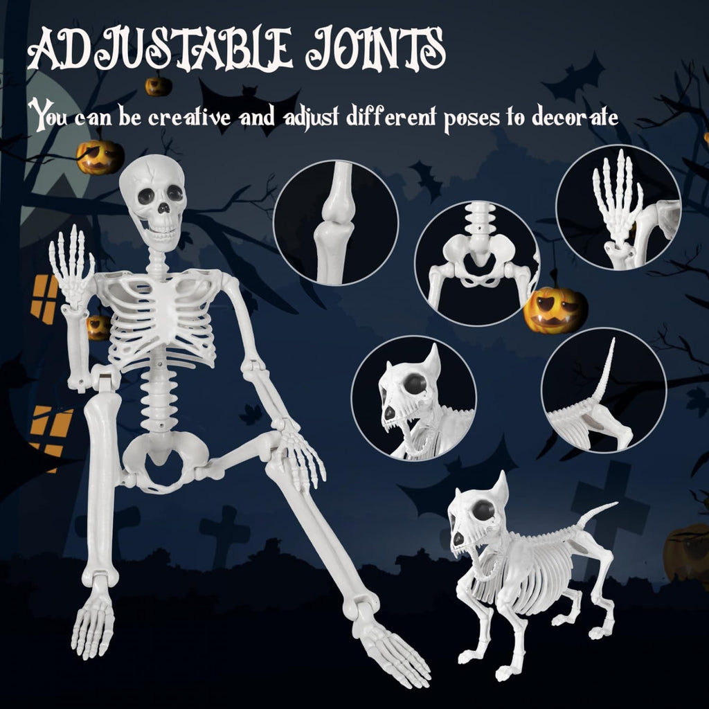 FT Human Skeleton Halloween Decor with Dog Skeleton, Posable Skeletons Decoration with Movable Joints, Full Body - Set of 2