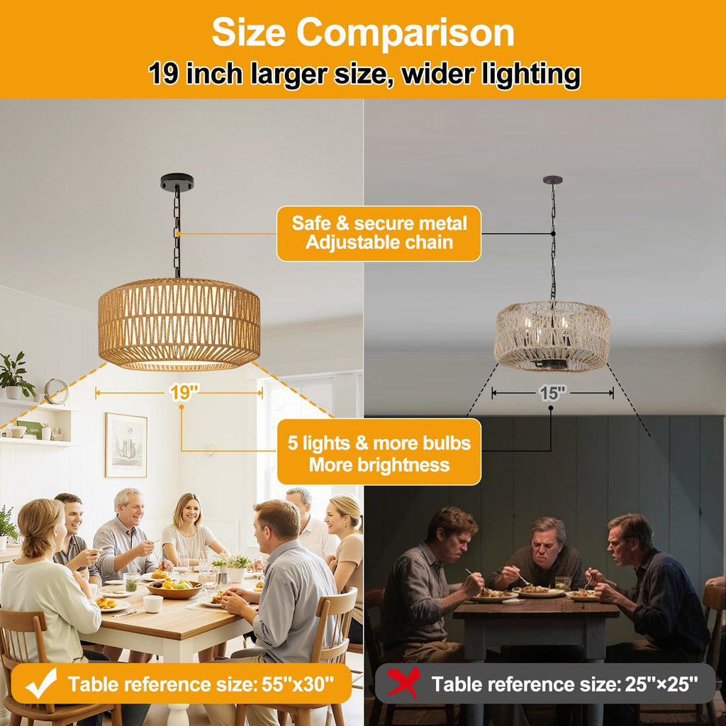 19" Rattan Chandelier, Boho Dining Room Light Fixture