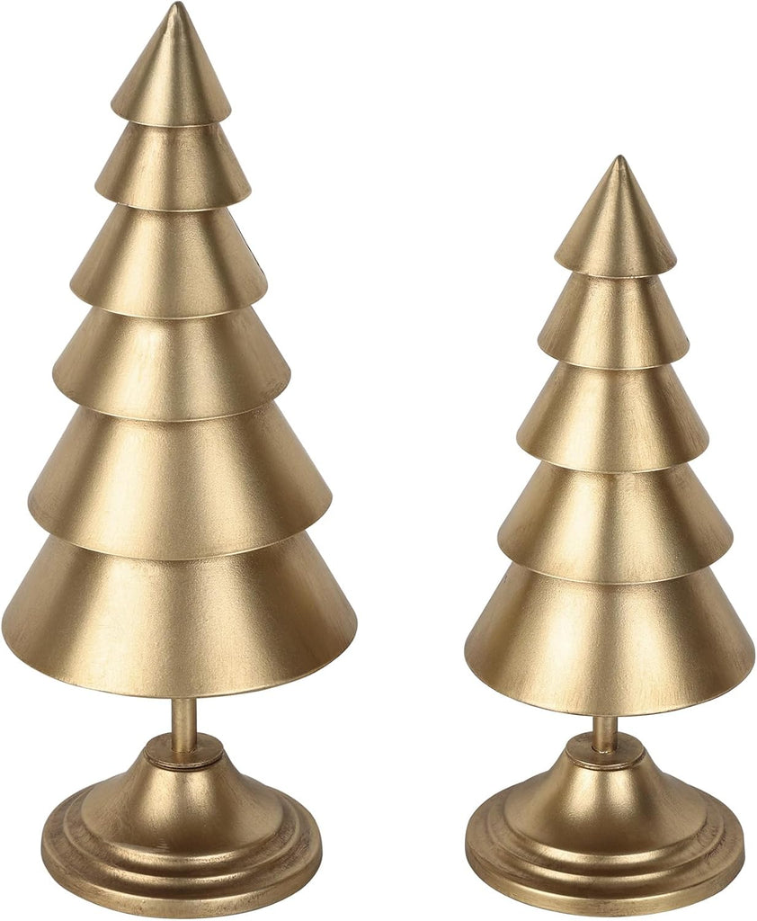 Small Christmas Tree Figurines Set of 2, Gold Tabletop Decor