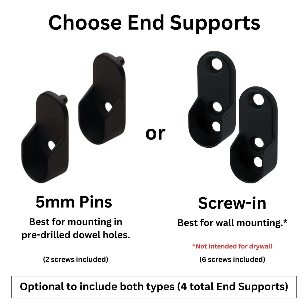Custom cut to size (12-92 inches) oval closet rod with choice of end support (Matte Black)