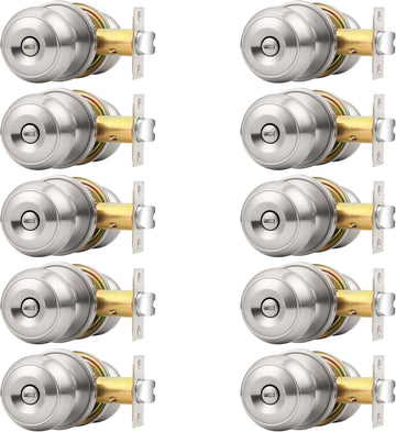 Brushed Nickel Interior Door Knobs, Privacy Door Knob Bedroom, Stainless Steel Door Knob for Interior Door, 10 Pack