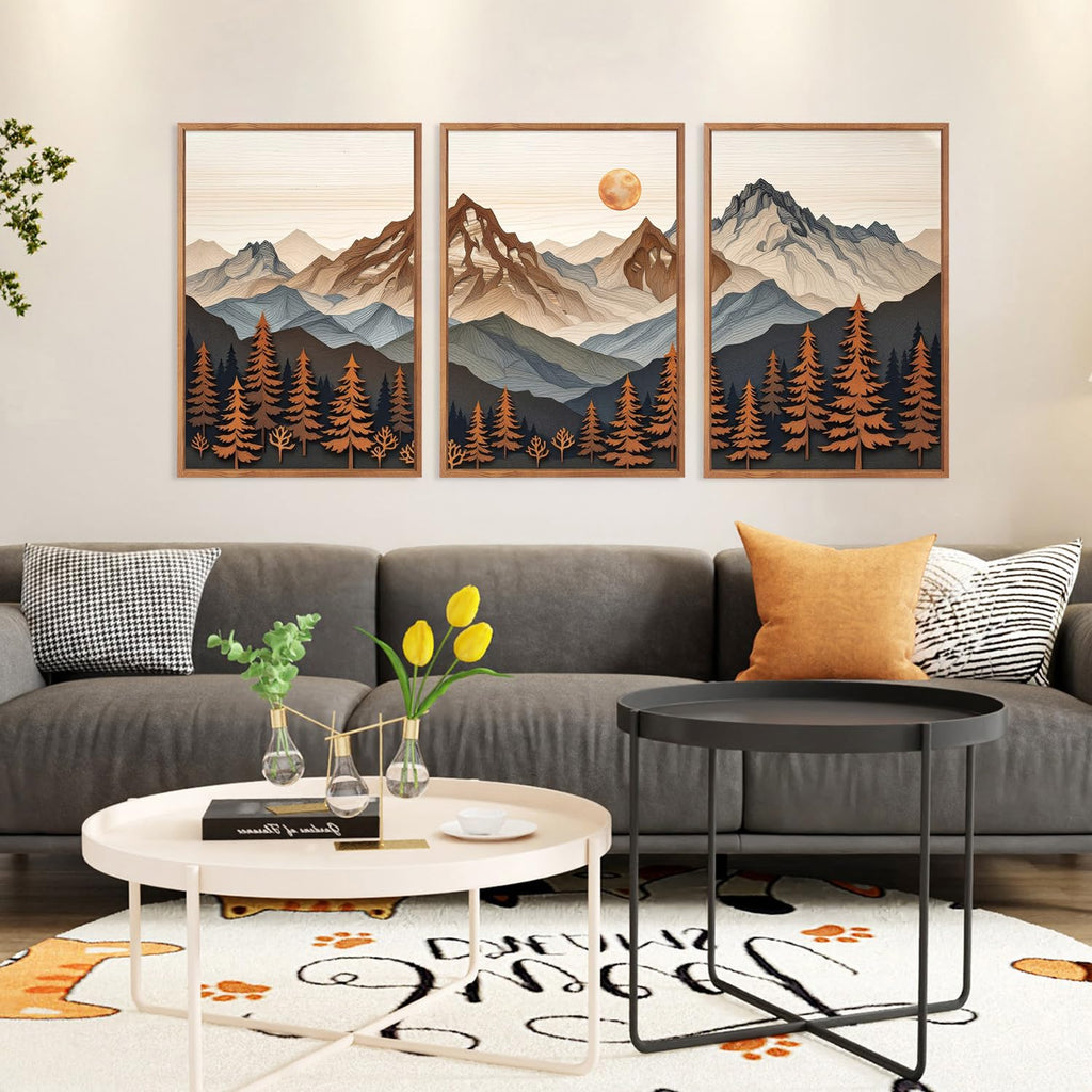 Boho Woodcut Mountain Framed Canvas Wall Art, Large Sun Forest Wall Decor, Orange Mid Century Sunrise Scene Artwork Set