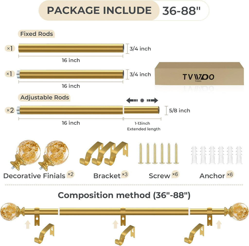 Gold Decorative Crystal Curtain Rods: Heavy Duty Adjustable Window Curtains Rods for Bedroom Living Room