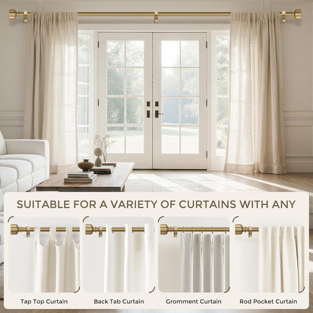 2 Pack Warm Gold Curtain Rod for Windows, Heavy Duty Brass Curtain Rod, 1" Diameter Adjustable Gold