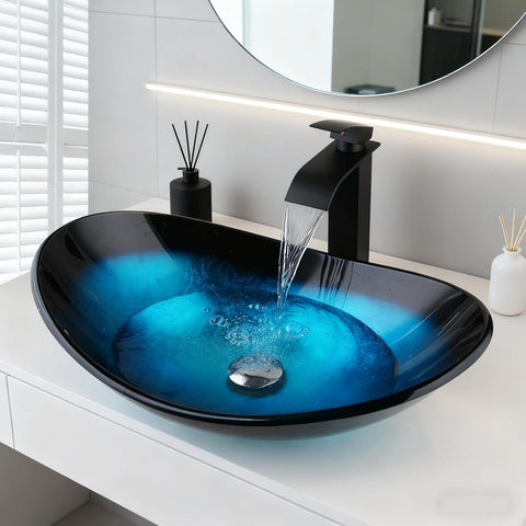 Blue Vessel Sink Oval Glass Vessel Sink with Waterfall Faucet and Pop-Up Drain Boat Shape Bathroom Sink Above