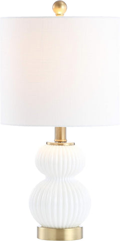 20" White/Brass Gold Ribbed Gourd Glass Table Lamp, Modern Bedside Lamp Living Room, White Linen Dru