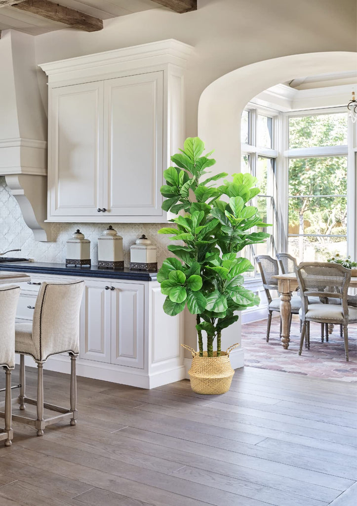 6Ft Artificial Fiddle Leaf Fig Tree with Woven Seagrass Basket and Realistic Moss Tall Fake Plants Large Faux Tree
