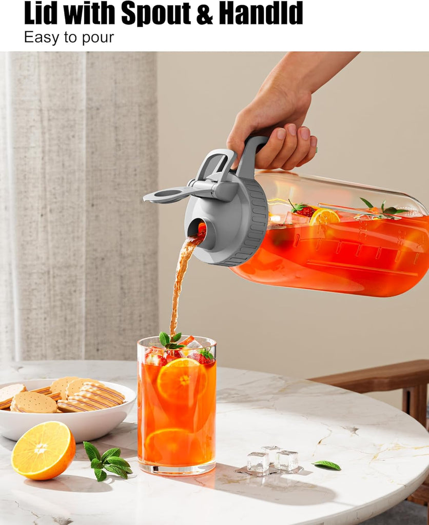 Glass Pitcher with Lid - 64oz Glass Mason Jar Pitcher with Wide Mouth, Airtight Seal, Leak-Proof, Spout Design