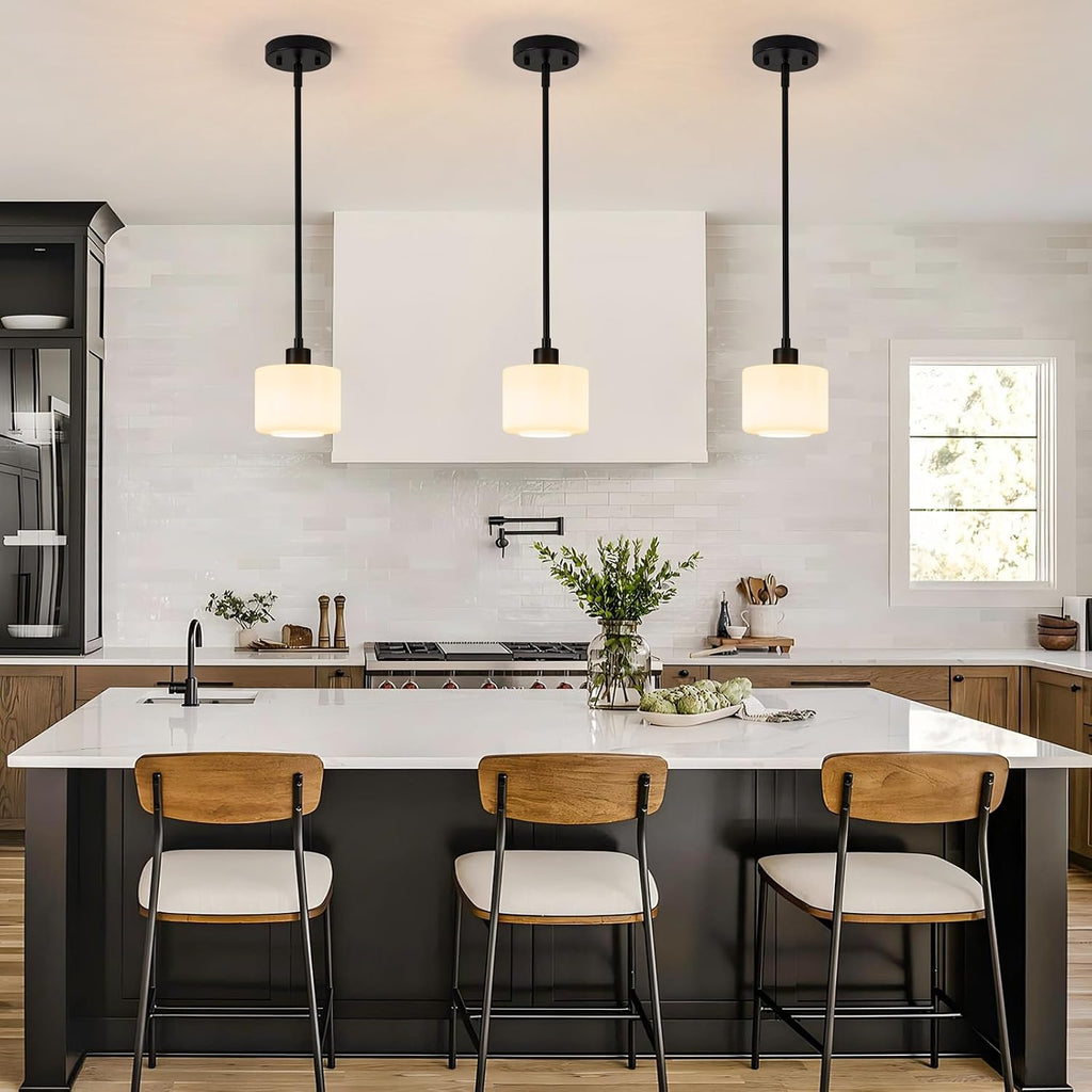 Black Pendant Lights Kitchen Island 2 Pack, Modern Milk Glass Hanging Light Fixtures with Rods, Mini Kitchen Pendant