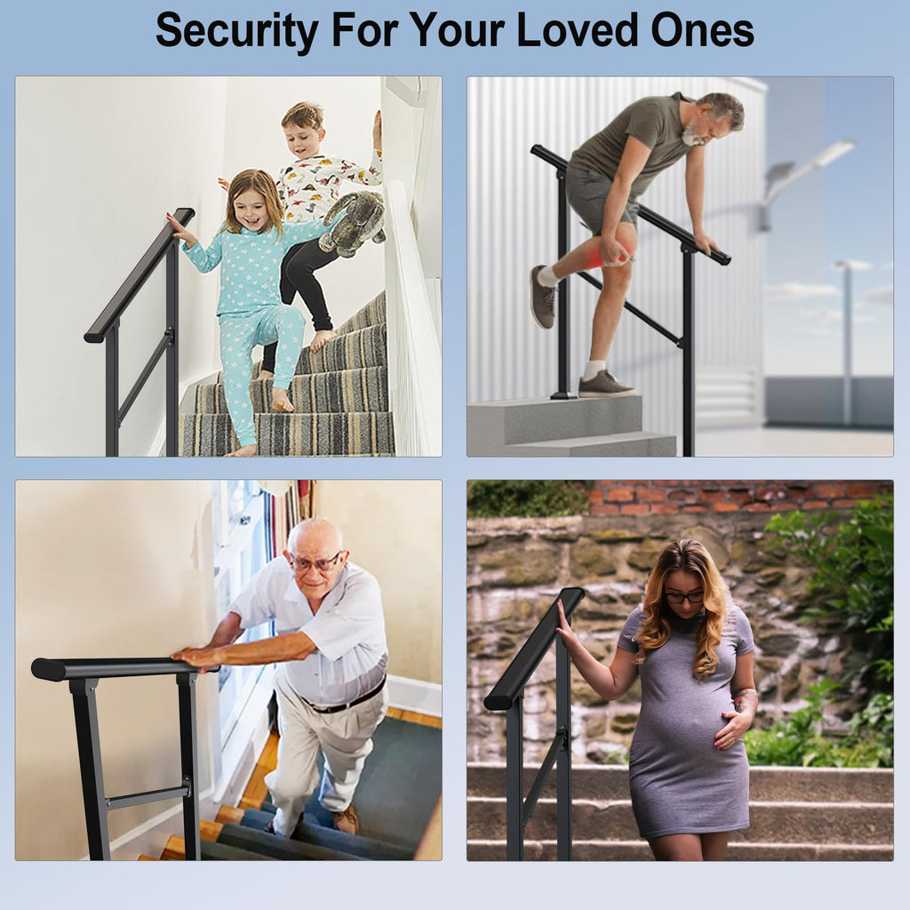 Outdoor Handrails for 4-5 Steps, Stair Railing Kit for Concrete & Porch Steps, Adjustable Black Iron Hand Rail for