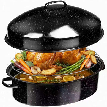 19.3" Enamel Roasting Pan with Lid & Rack Oval Turkey Roaster Pan