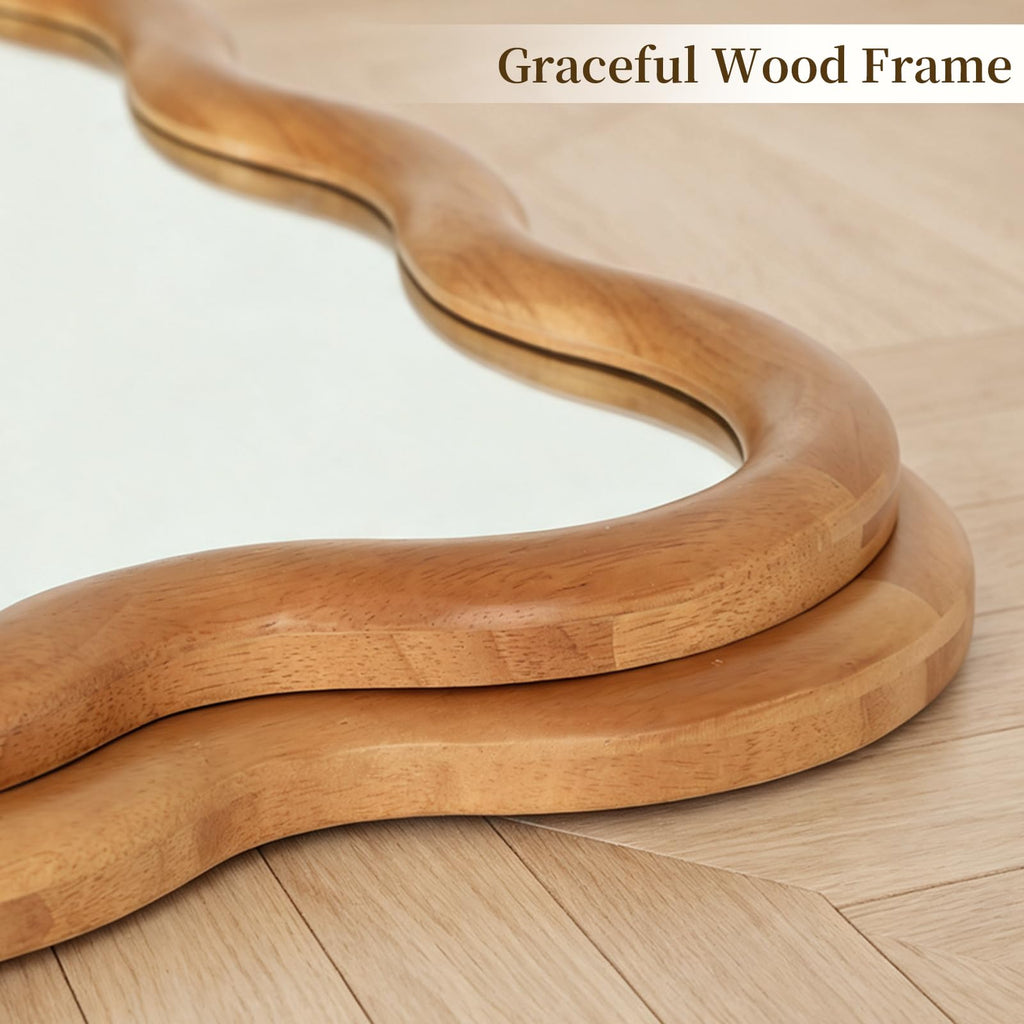 24"x65" Wood Full Length Mirror, Arched Natural Wood Boho Wavy Floor Mirror, Long Full Body Mirror Hanging