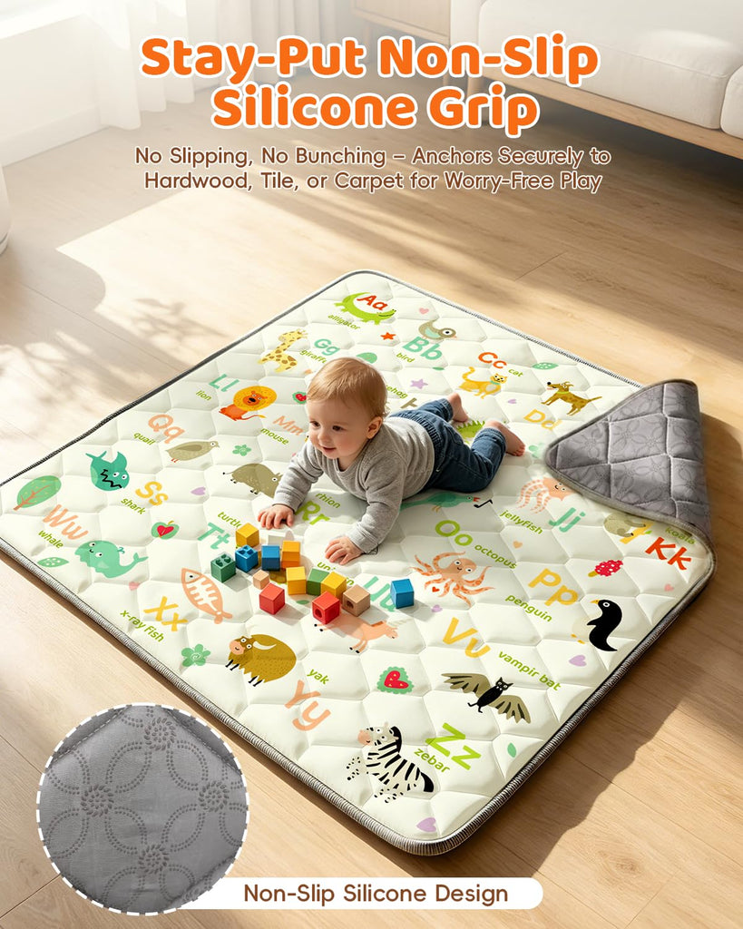 Play Mat for Floor 65"x50", Foldable Playpen Mat for Tummy Time, Thick Non‐Slip Crawling Mat with Carrying Handle
