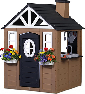Kids Outdoor Playhouse, 9-in-1 Cedar Wooden Playhouse with Kitchen Set, Snack Bar, Dog Door, Working Doorbell, Toy